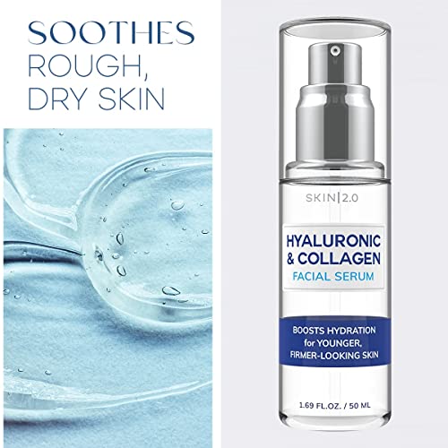 Skin 2.0 Hyaluronic Acid and Collagen Face Serum - Dermatologist Tested - Locks in Moisture, Skin Tightening, Anti-aging, Hydrating Facial Serum - Korean Skin Care - All Skin Types - 1.69 Fl. oz