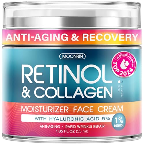 Retinol Cream for Face with Hyaluronic Acid, Day-Night Anti-Aging Moisturizer for Women, Men, Collagen Cream for Face Reduces Wrinkles, Dryness, 1.85 Oz