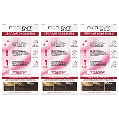 L'Oreal Paris Excellence Creme Permanent Hair Color, 5AB Mocha Ash Brown, 100 percent Gray Coverage Hair Dye, Pack of 3