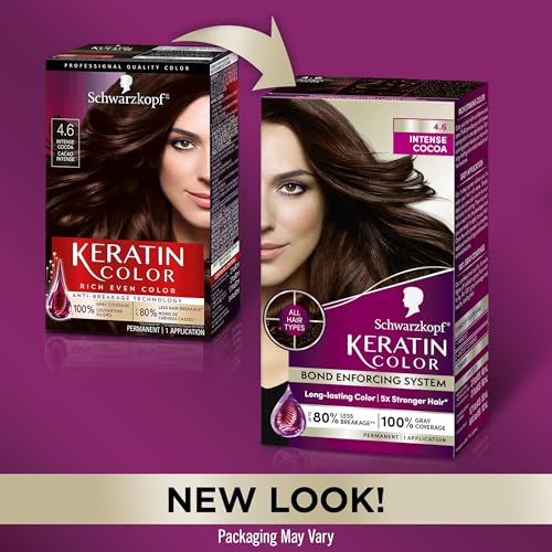 Schwarzkopf Keratin Color Permanent Hair Color, 4.6 Intense Cocoa, 1 Application - Salon Inspired Permanent Hair Dye, for up to 80% Less Breakage vs Untreated Hair and up to 100% Gray Coverage