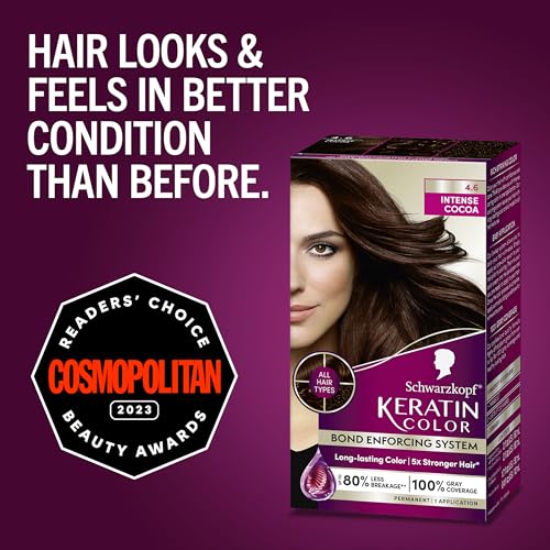 Schwarzkopf Keratin Color Permanent Hair Color, 4.6 Intense Cocoa, 1 Application - Salon Inspired Permanent Hair Dye, for up to 80% Less Breakage vs Untreated Hair and up to 100% Gray Coverage
