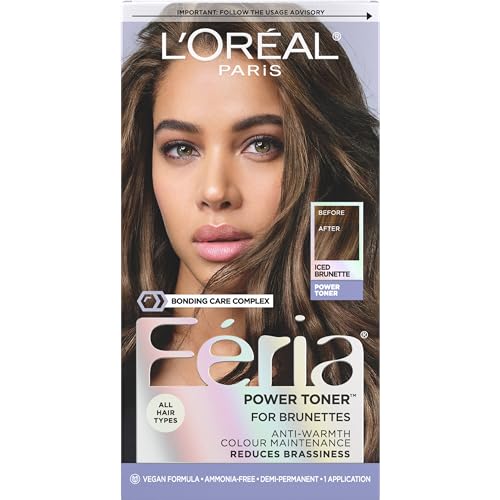 L’Oréal Paris Feria Toner, Long Lasting Anti-Brass Hair Toner for Brunettes, Vegan and Ammonia-Free Hair Care Formula, Iced Brunette, 1 Kit