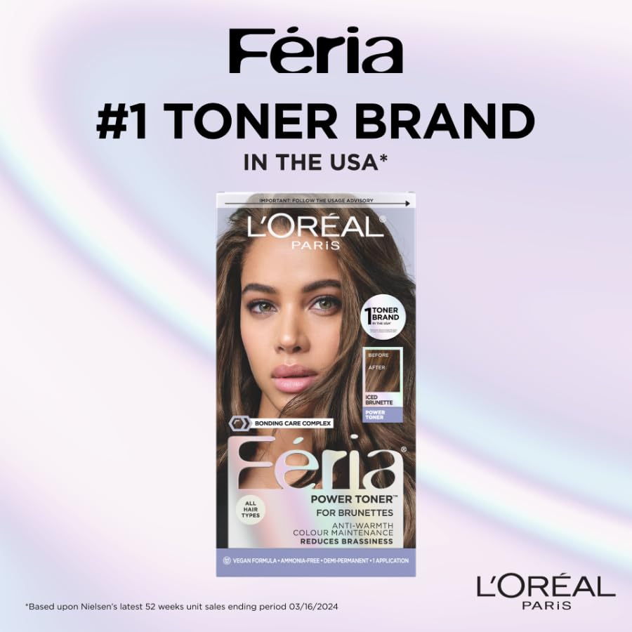 L’Oréal Paris Feria Toner, Long Lasting Anti-Brass Hair Toner for Brunettes, Vegan and Ammonia-Free Hair Care Formula, Iced Brunette, 1 Kit