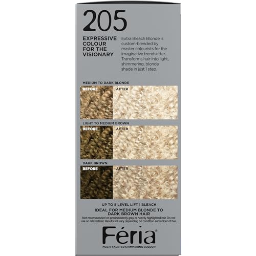 L'Oreal Paris Feria Multi-Faceted Shimmering Permanent Hair Color, 205 Bleach Blonding (Extra Bleach Blonde), Pack of 1, Hair Dye