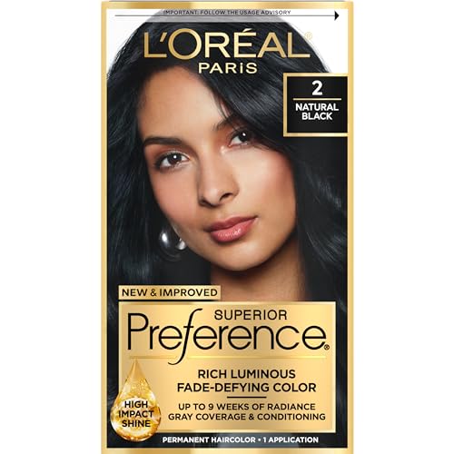 L'Oreal Paris Superior Preference Luminous Fade-Defying Permanent Hair Color, Hair Dye For Up to 9 Weeks of Radiance, Natural Black 2, 1 Hair Dye Kit