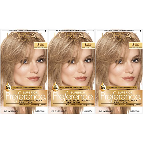 L'Oreal Paris Superior Preference Fade-Defying + Shine Permanent Hair Color, 8 Medium Blonde, Pack of 3, Hair Dye