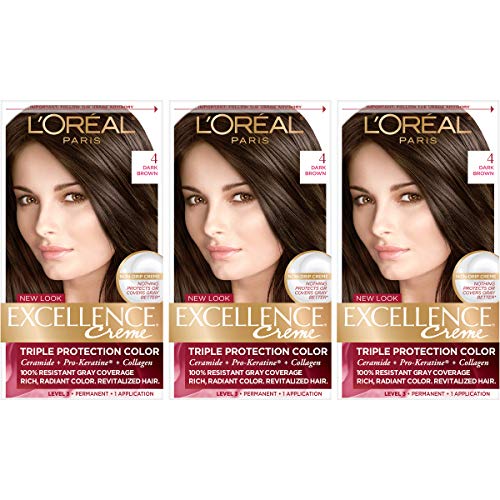 L'Oreal Paris Excellence Creme Permanent Hair Color, 4 Dark Brown (Pack of 3)