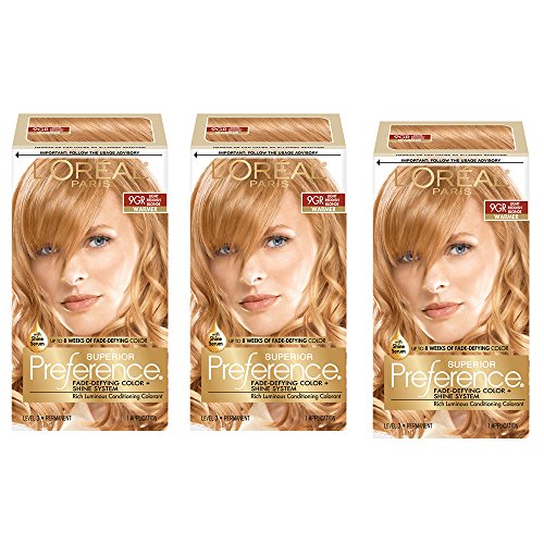 L'Oreal Paris Superior Preference Fade-Defying + Shine Permanent Hair Color, 9GR Light Golden Red, Pack of 3, Hair Dye