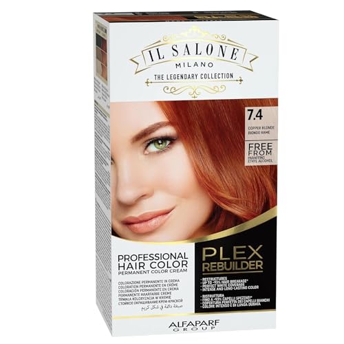Il Salone Milano Plex Rebuilder Permanent Hair Color Cream - 7.4 Copper Blonde Professional Hair Dye Kit for a Natural Gloss & Glaze - Paraffin, Paraben, and Alcohol Free