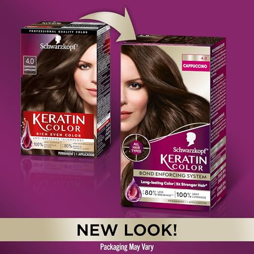 Schwarzkopf Keratin Color Permanent Hair Color, 4.0 Cappuccino, 1 Application - Professionally Inspired Permanent Hair Dye, for up to 80% Less Breakage vs Untreated Hair and up to 100% Gray Coverage