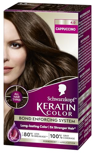 Schwarzkopf Keratin Color Permanent Hair Color, 4.0 Cappuccino, 1 Application - Professionally Inspired Permanent Hair Dye, for up to 80% Less Breakage vs Untreated Hair and up to 100% Gray Coverage