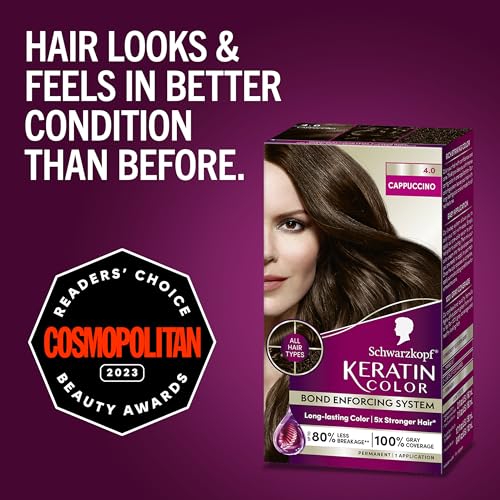 Schwarzkopf Keratin Color Permanent Hair Color, 4.0 Cappuccino, 1 Application - Professionally Inspired Permanent Hair Dye, for up to 80% Less Breakage vs Untreated Hair and up to 100% Gray Coverage