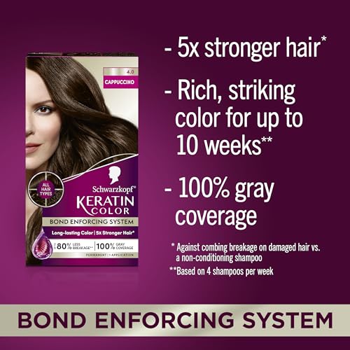 Schwarzkopf Keratin Color Permanent Hair Color, 4.0 Cappuccino, 1 Application - Professionally Inspired Permanent Hair Dye, for up to 80% Less Breakage vs Untreated Hair and up to 100% Gray Coverage