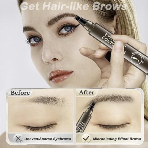 Eyebrow Pencil Dark Brown, 4 Tip Microblading Eyebrow Pen Waterproof Brow Pencil, Eye Brow Pencils for Women Natural Brows 3d Microblade Eyebrow Pen Long-Lasting and Smudge-Proof -Dark Brown