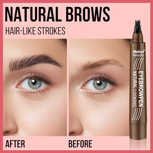 iMethod Eyebrow Pen - Eyebrow Pencil Magical Upgraded Eye Brow Pencils for Women with 4 Fork Tip & Spoolie Brush for Hair-Like Natural Brows, Last All-Day, Microblading Eyebrow Pen, Light Brown