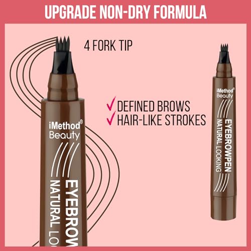 iMethod Eyebrow Pen - Eyebrow Pencil Magical Upgraded Eye Brow Pencils for Women with 4 Fork Tip & Spoolie Brush for Hair-Like Natural Brows, Last All-Day, Microblading Eyebrow Pen, Light Brown