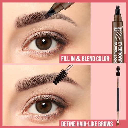 iMethod Eyebrow Pen - Eyebrow Pencil Magical Upgraded Eye Brow Pencils for Women with 4 Fork Tip & Spoolie Brush for Hair-Like Natural Brows, Last All-Day, Microblading Eyebrow Pen, Light Brown