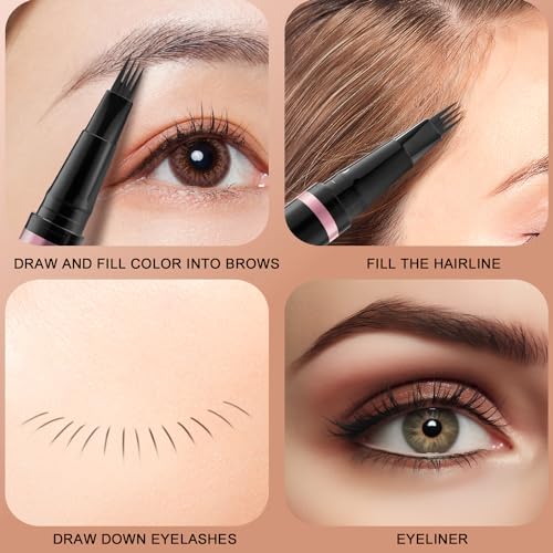 Eyebrow Pencil,2-in-1 Waterproof Eyebrow Pen with 4 Tip Brow Pen and Ultra-Precise Brow Pencil,with Dual-ended Eyebrow Brush,Eyebrow Makeup for Natural Looking Eyebrows-Dark Brown
