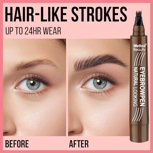 iMethod Microblading Eyebrow Pen - Eyebrow Pencil Magical Upgraded Eye Brow Pencils for Women with 4 Fork Tip & Spoolie Brush for Natural-Looking Hair-Like Defined Brows, Last All-Day, Light Brown