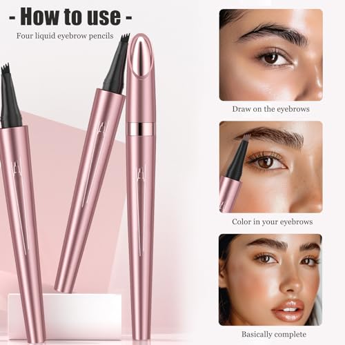 Magic Eyebrow Pencil, Waterproof Microblading Eyebrow Pen for Women with 4 Fork Tip for Natural-Looking Hair-Like Defined Brows Effortlessly (Dark Brown)