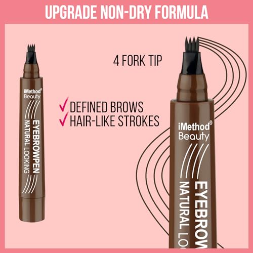 iMethod Microblading Eyebrow Pen - Eyebrow Pencil Magical Upgraded Eye Brow Pencils for Women with 4 Fork Tip & Spoolie Brush for Natural-Looking Hair-Like Defined Brows, Last All-Day, Light Brown
