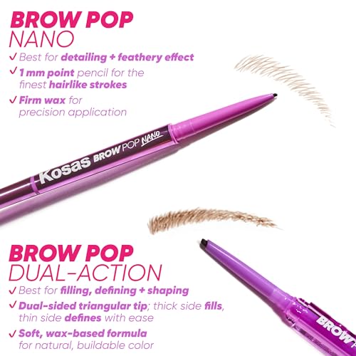 Kosas Brow Pop Nano - Ultra-Fine 1mm Brow Pencil Precision Tip - Natural-Looking Eyebrows with Finest Hairlike Stroke - All Day Wear, Hypoallergenic, Safe for Sensitive Skin - Medium Brown