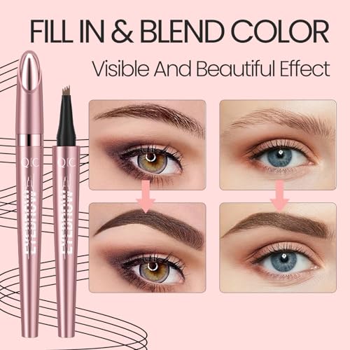 2024 New Magic Medium Brown Eyebrow Pencil - 3D 4 Fork Tip Eyebrow Pen Microblading Brow Pencil, Precise Brow Pen Makeup, 24 Hours Water-proof & Smudge-proof Natural Fine Stroke (Light Brown)