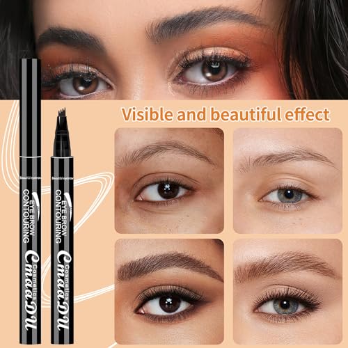 Magic Eyebrow Pencil Dark Brown, 4 Fork Tip Microblading Eyebrow Pen, 3d Waterproof Eyebrow Pencil, Eye Brow Pencils for Women Brown, Natural Brows Last All Day (Dark Brown)