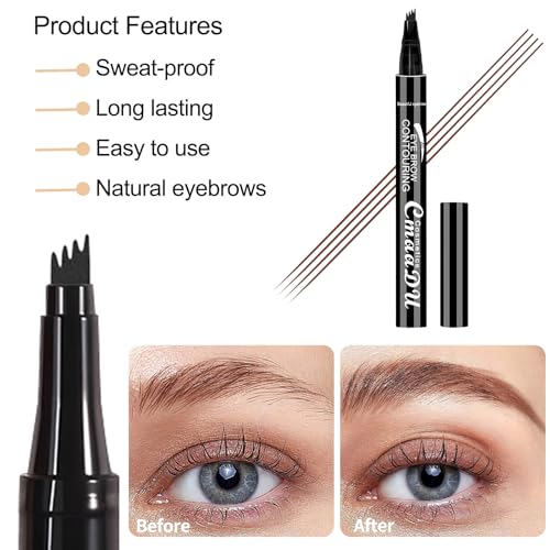 Magic Eyebrow Pencil Dark Brown, 4 Fork Tip Microblading Eyebrow Pen, 3d Waterproof Eyebrow Pencil, Eye Brow Pencils for Women Brown, Natural Brows Last All Day (Dark Brown)