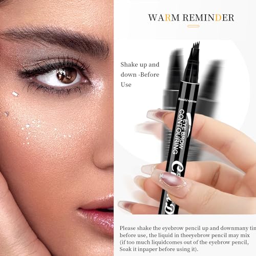 Magic Eyebrow Pencil Dark Brown, 4 Fork Tip Microblading Eyebrow Pen, 3d Waterproof Eyebrow Pencil, Eye Brow Pencils for Women Brown, Natural Brows Last All Day (Dark Brown)