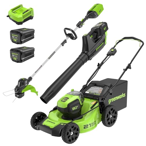 Greenworks 80V Lawn Mower, Axial Blower, String Trimmer