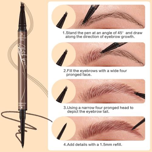 2 in 1 Magic 4-Tip Eyebrow Pencil, 2024 New Microblading Eyebrow Pen, Long-Lasting Natural Brows Eyebrow Pen, 3D Waterproof and Sweat Micro Eyebrow Pencil for Makeup Last All Day(Dark Brown)