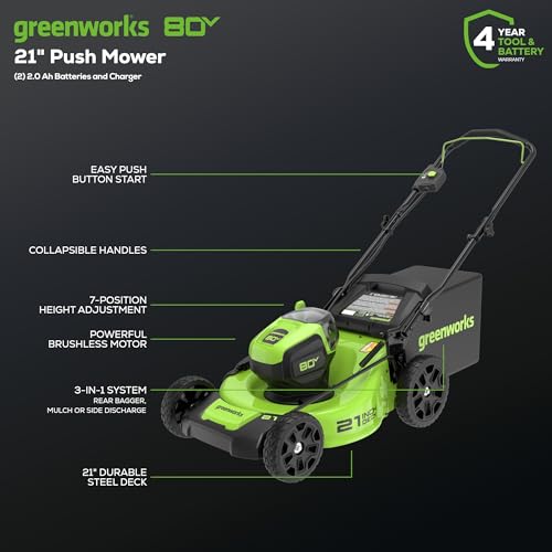 Greenworks 80V Lawn Mower, Axial Blower, String Trimmer