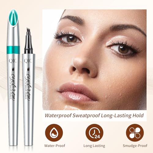 QIC Eyebrow 4 Tip Brow Pencil,Microblading Eyebrow Pen Waterproof Long-Lasting Eyebrow Microblading Pen Eyebrow Pencil with an Upgrade Micro-Fork Tip Applicator for Natural Eyebrow (Light Brown-01)