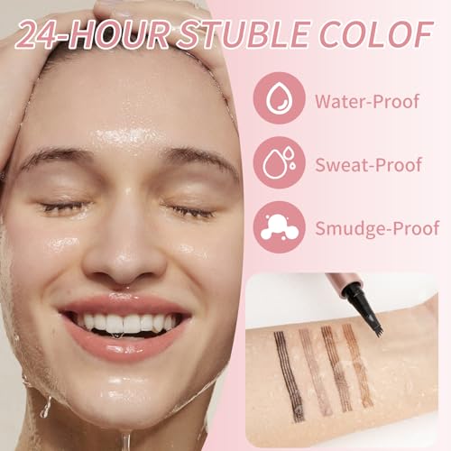 3D Waterproof Microblading Eyebrow Pen,Magic Eyebrow Pencil with 4 Fork Tip,Natural Long-Lasting Smudge-proof Fine Stroke eyebrow microblading Pen for Women(Light Brown)