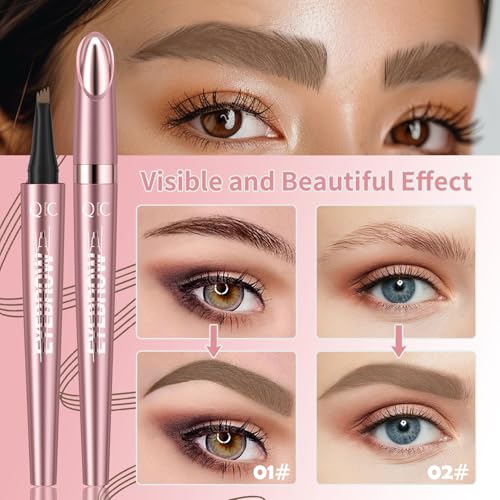 3D Waterproof Microblading Eyebrow Pen,Magic Eyebrow Pencil with 4 Fork Tip,Natural Long-Lasting Smudge-proof Fine Stroke eyebrow microblading Pen for Women(Light Brown)