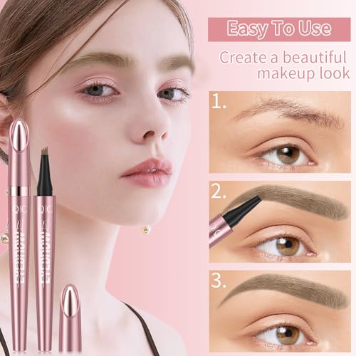 3D Waterproof Microblading Eyebrow Pen,Magic Eyebrow Pencil with 4 Fork Tip,Natural Long-Lasting Smudge-proof Fine Stroke eyebrow microblading Pen for Women(Light Brown)
