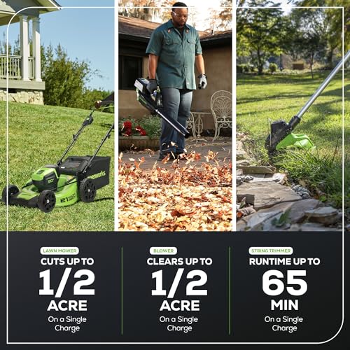 Greenworks 80V Lawn Mower, Axial Blower, String Trimmer
