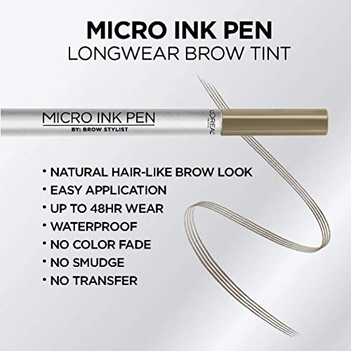 L'Oreal Paris Micro Ink Pen by Brow Stylist, Longwear Brow Tint, Hair-Like Effect, Up to 48HR Wear, Precision Comb Tip, Blonde, 0.033 fl; oz.