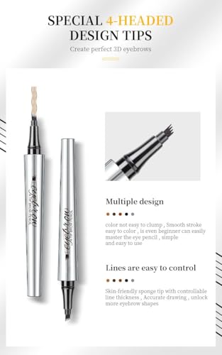 Eyebrow Pencil - 4 Tip Microblade Eyebrow Pen with Waterproof, Smudge-proof and Long Lasting, Natural Eye Brow Pencils for Women,Eyebrow Makeup for Natural Looking Eyebrows - Dark Brown