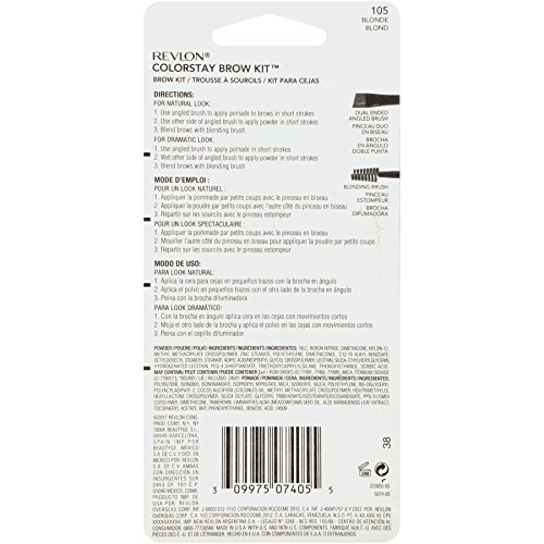 Revlon ColorStay Brow Kit, Includes Longwear Brow Powder, Clear Pomade, Dual-Ended Angled Tip Eyebrow Brush & Spoolie Brush, Blonde (105), 0.08 oz