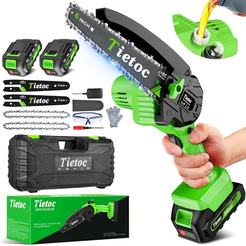 tietoc Mini Chainsaw 6 Inch Cordless [Gardener Friendly] Super Handheld Rechargeable Chain Saw With 2 Batteries, Small Electric Chainsaws Battery Powered For Wood/Trees Cutting