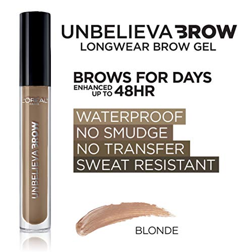 L'Oreal Paris Unbelieva-Brow Longwear Waterproof Tinted Brow Gel, Smudge-resistant, Transfer- Proof, Quick Drying, Easy and quick application with precise brush, Blonde, 0.15 fl. oz.