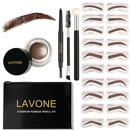 LAVONE Eyebrow Stamp Stencil Kit, Brow Stamp Trio Kit with Waterproof Eyebrow Pencil, Eyebrow Pomade, 20 Eyebrow Stencils, Dual-ended Eyebrow Brush and Sponge Applicator - Dark Brown