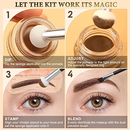 LAVONE Eyebrow Stamp Stencil Kit, Brow Stamp Trio Kit with Waterproof Eyebrow Pencil, Eyebrow Pomade, 20 Eyebrow Stencils, Dual-ended Eyebrow Brush and Sponge Applicator - Dark Brown