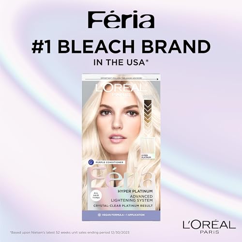 L'Oreal Paris Feria Hyper Platinum Advanced Lightening System Hair Bleach, Lifts Up To 8 Levels, Includes Anti Brass Purple Conditioner, 1 Hair Dye Kit