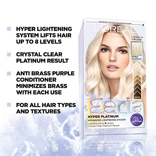 L'Oreal Paris Feria Hyper Platinum Advanced Lightening System Hair Bleach, Lifts Up To 8 Levels, Includes Anti Brass Purple Conditioner, 1 Hair Dye Kit
