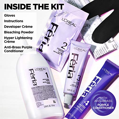L'Oreal Paris Feria Hyper Platinum Advanced Lightening System Hair Bleach, Lifts Up To 8 Levels, Includes Anti Brass Purple Conditioner, 1 Hair Dye Kit