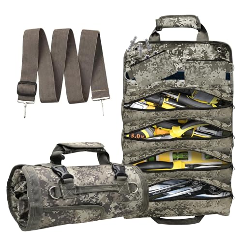 Mens-Roll-Up Tool-Bag Heavy-Duty Portable-Tool-Roll-Organizer - with 2 Detachable Pouches Tool Carrier Storage Kit for UTV Truck Gifts for Dad or Electrician Camo