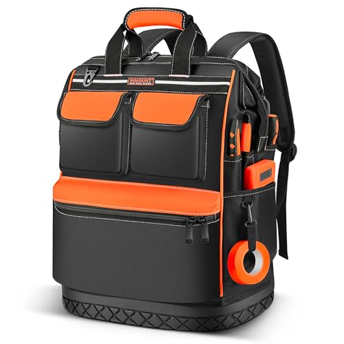 DOSUKE Tool Bag Backpack for Men/Women, Heavy Duty Tool Organizer with Molded Base, Wide Mouth Electrician Back Pack Tool Bags for HVAC Construction Work, Durale Metal Zippers&Combination Lock, Orange